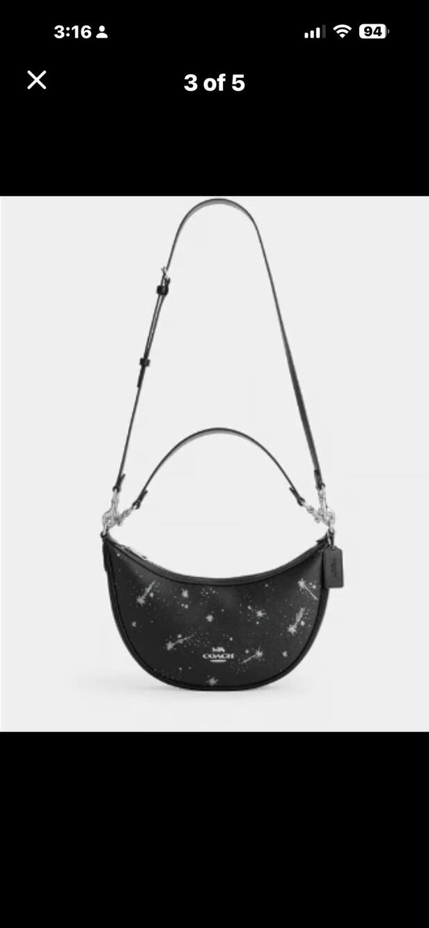New Coach Aria Shoulder Bag in Black Multi featuring a celestial star print